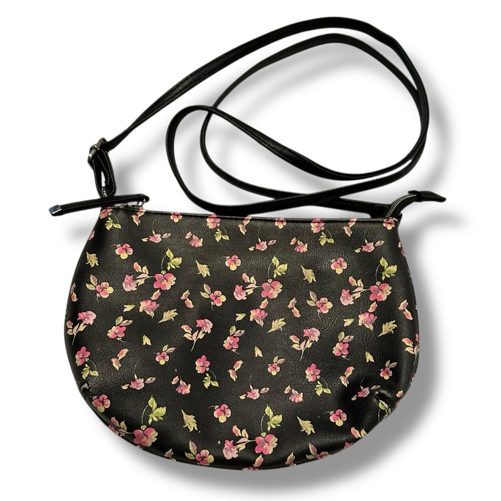 Feminine Crescent Crossbody Purse Black Floral Adjustable Strap Cottagecore